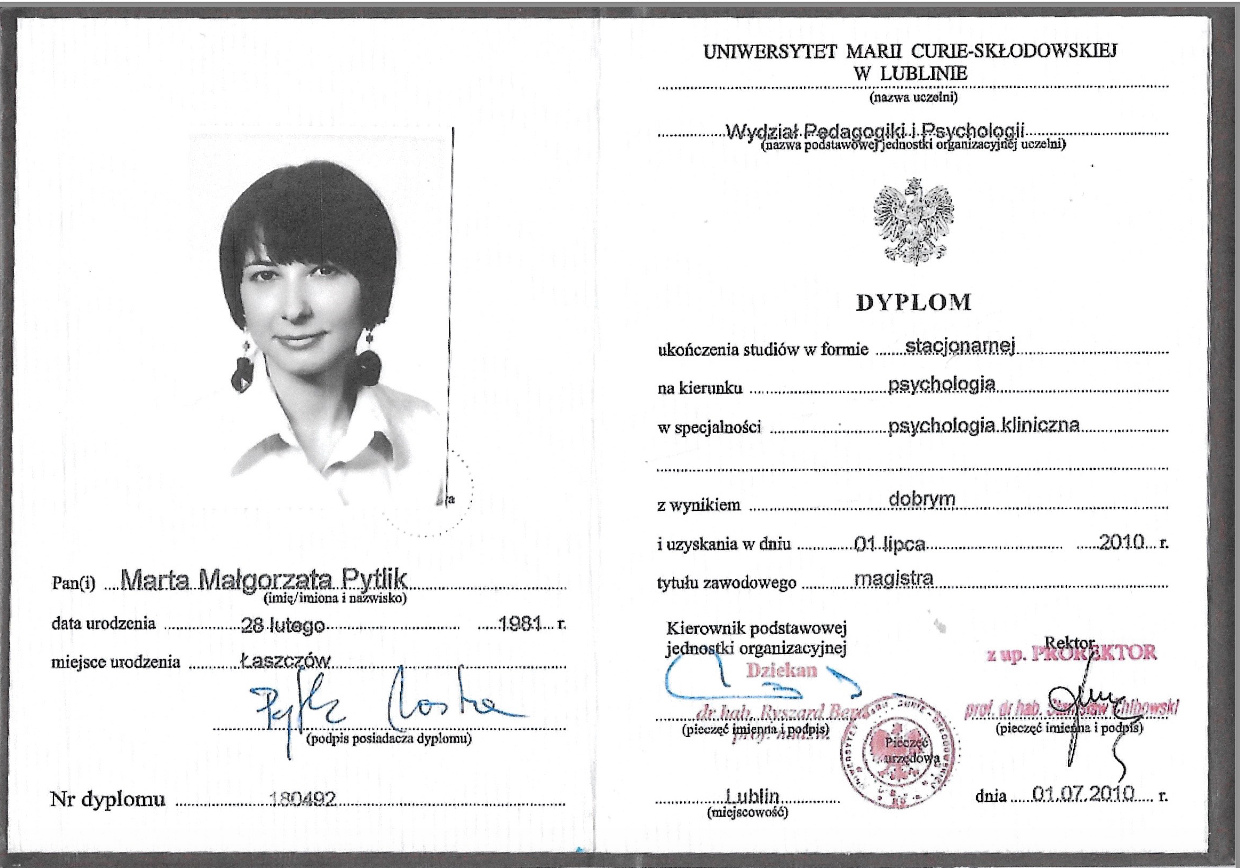 Master 2 en Psychologie Clinique - Université UMCS, Lublin, Pologne - Octobre 2005 à Juin 2010