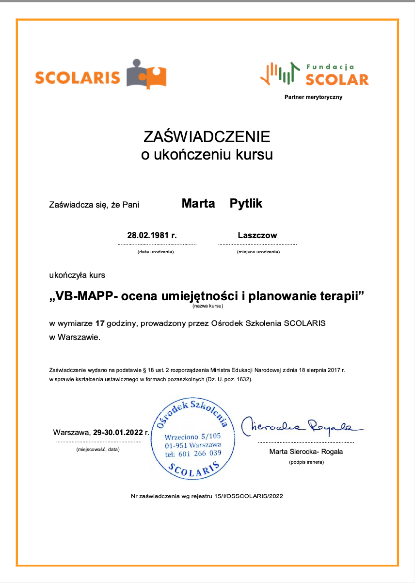 VB-MAPP - évaluation de compétences et planification de thérapie (mise à jour) - Formation animée par Marta Rogala-Sierocka (BCBA, orthophoniste) - 17h - Janvier 2022