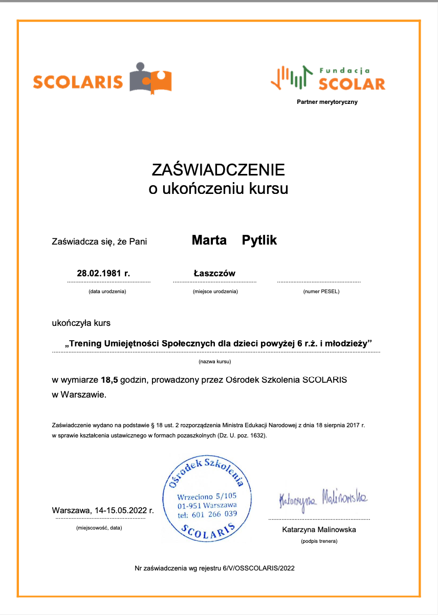 Entraînement aux compétences sociales pour les enfants de plus de 6 ans et les adolescents - Formation animée par Katarzyna Malinowska (psychologue) - 18,5h - Mai 2022