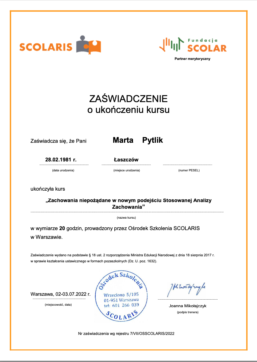 Comportements indésirables dans la nouvelle approche de l'Analyse Appliquée du Comportement - Formation animée par Joanna Mikolajczyk (psychologue, pédagogue, BCBA) - 20h - Juillet 2022